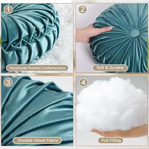 Image of HIG Set of 2 Teal Ruched Velvet Round Throw Pillows - 14.5'' Decorative Pillows with Soft Polyester Filling for Couch, Bed, Living Room, Bedroom, or Dorm - Handmade, Stress Relieving, All-Season