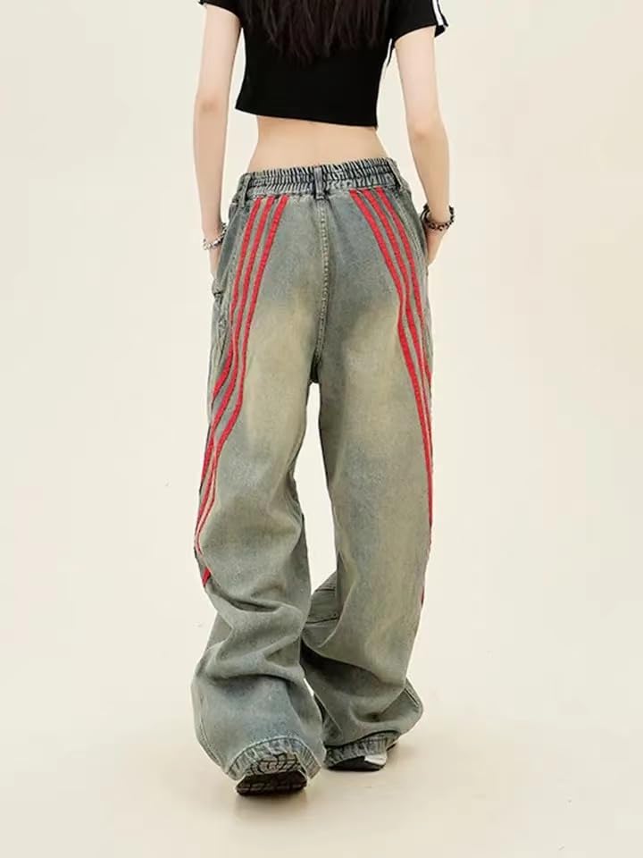 Vintage Grunge Red Striped Wide Leg High Waist Jeans Patchwork Harajuku Hip Hop Casual Trendy Y2k Baggy Pants2