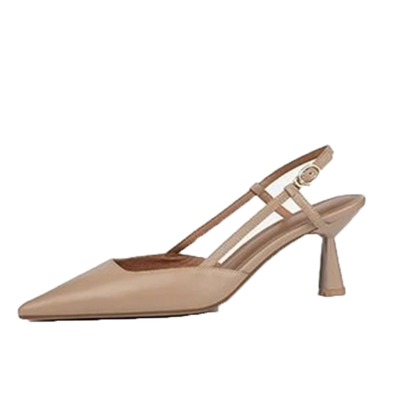 HODORE Blockheels, High Thin Heels Sandals For Woman Basic Model Genuine Leather Casual Sandals Women Pointed Toe Womans Shoes (Color : Apricot, Size : 8)
