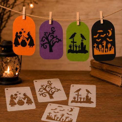 50 PCS 3 Inch Halloween Stencils for Painting, Reusable Stencil Templates with Pumpkin Ghost Bat Witch Spider Designs for Wood, Wall, Canvas, Cards, DIY Holiday Crafts - image 7