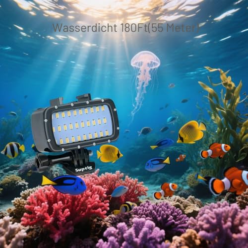 Suptig 30 LED-Video-Licht, wasserdicht, Unterwasser-Licht, kompatibel mit GoPro Hero 13/Hero 12/11/10/9/8/7/6/5/4/3/3+ Hero Session und Canon, Nikon Sony Spiegelreflexkameras, wasserdicht 55 m