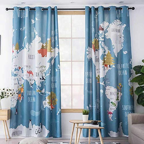 3d world map digital printed polyester fabric curtain for bed room, kids room, living room, color blue window/door/long door (d.n. 442) (1, 4 x 5 feet (size ; 48 x 60 inch) window)