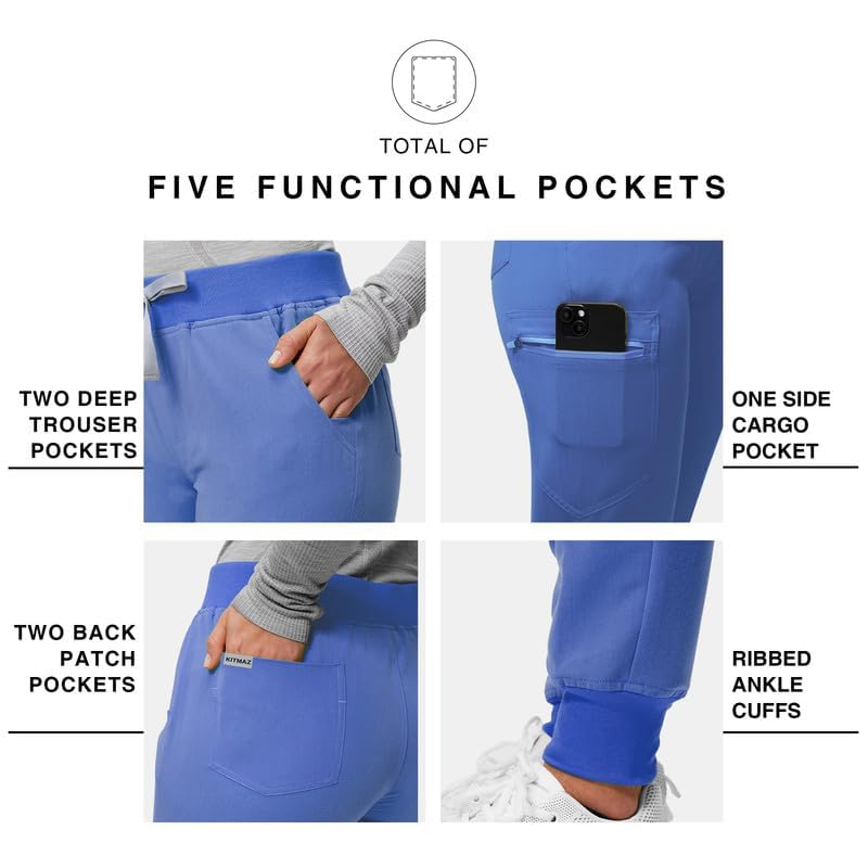 Image of Kitmaz Scrub Pants for Women - Mid Rise 4-Way Stretch Anti-Wrinkle Slim Fit Jogger Pants, Drawstring & 5 Pockets