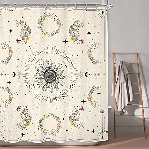 LGhtyro Moon Phase Shower Curtain Celestial Wildflower Bathroom Set 60Wx71H Inches Plant Floral Herbs Boho Stars Vintage Flowers Beige Aesthetic Bath Accessorie Art Home Decor Fabric 12 Pack Hooks Cover