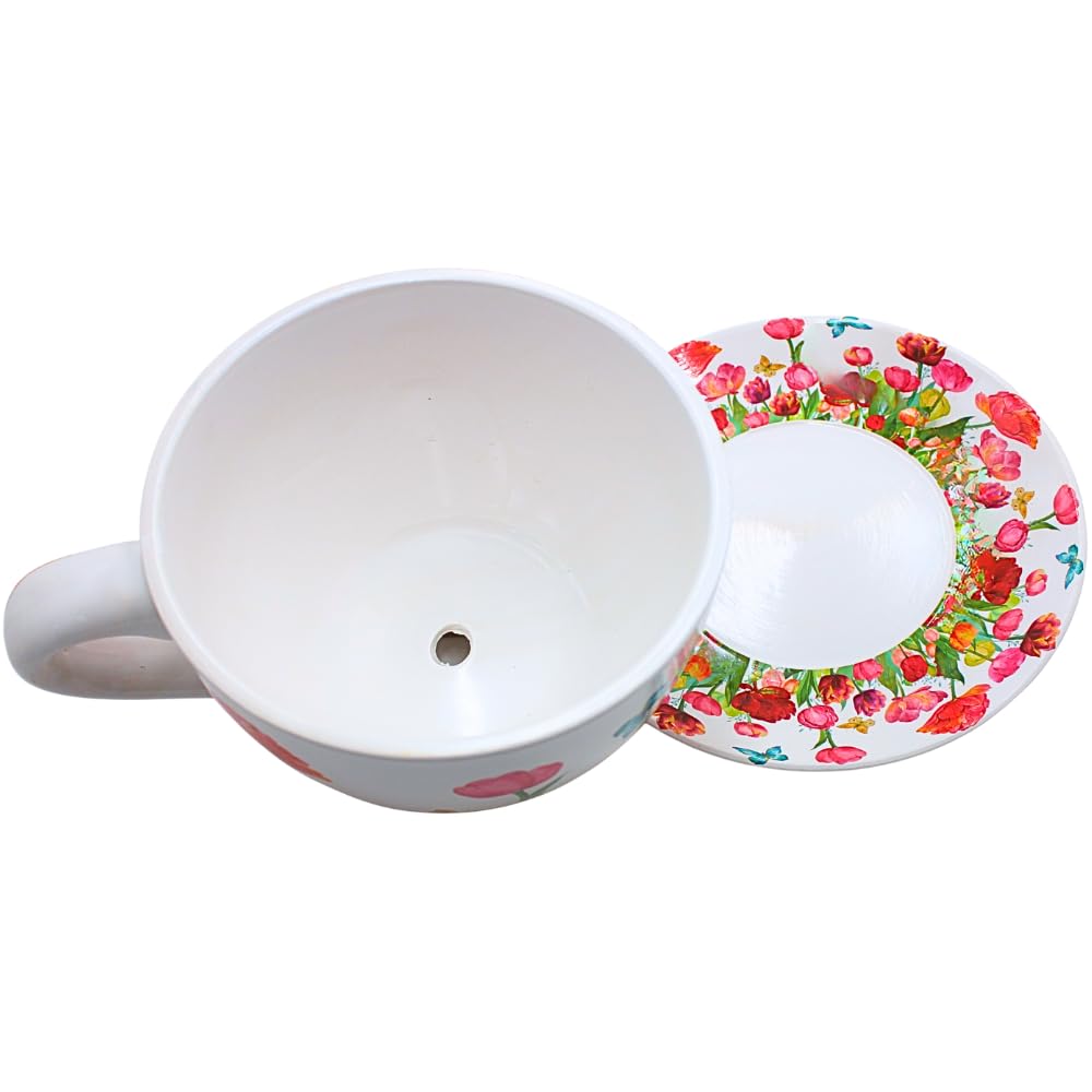 Dekohelden24 XXL Blumentopf, Pflanztasse, Pflanzkübel, Pflanzgefäß, Blumenkübel, Pflanztopf. Übertopf als Tasse mit Griff aus Keramik, Motiv: Tulpenmeer, L/B/H 34 x 28 x16 cm.