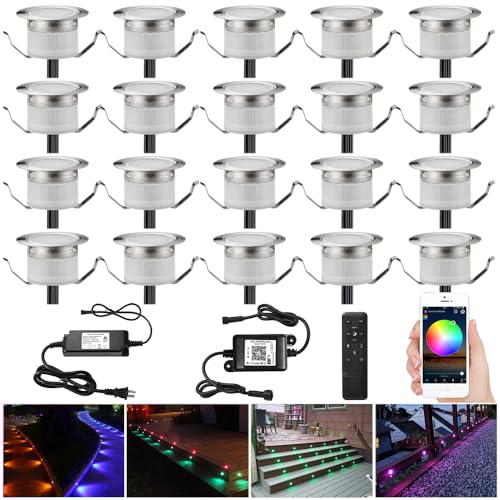 Kit de luces LED para cubierta, 20 piezas Φ1.22 WiFi, control inalámbrico de teléfono inteligente, bajo voltaje, empotrables, RGB, luces de escalera, impermeables, para exteriores, patio, camino,