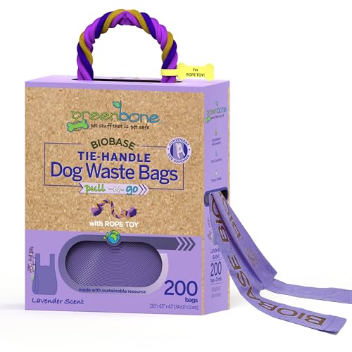 Image of Greenbone Poop Bags for Dogs with Handles Lavender Scent Purple with Bonus Rope Pet Toy, 200 Count on Single Roll, Plant Based