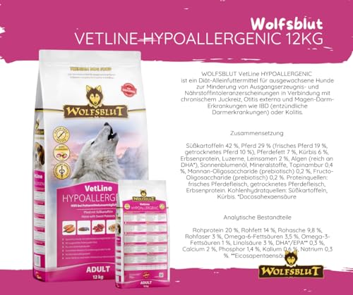 Wolfsblut Vetline Hundefutter - Hypoallergenic, 12kg + 6x395g - Sparbundel, Sparpaket - inklusive Warnicks Tierfutterservice Hundesnack Goodie