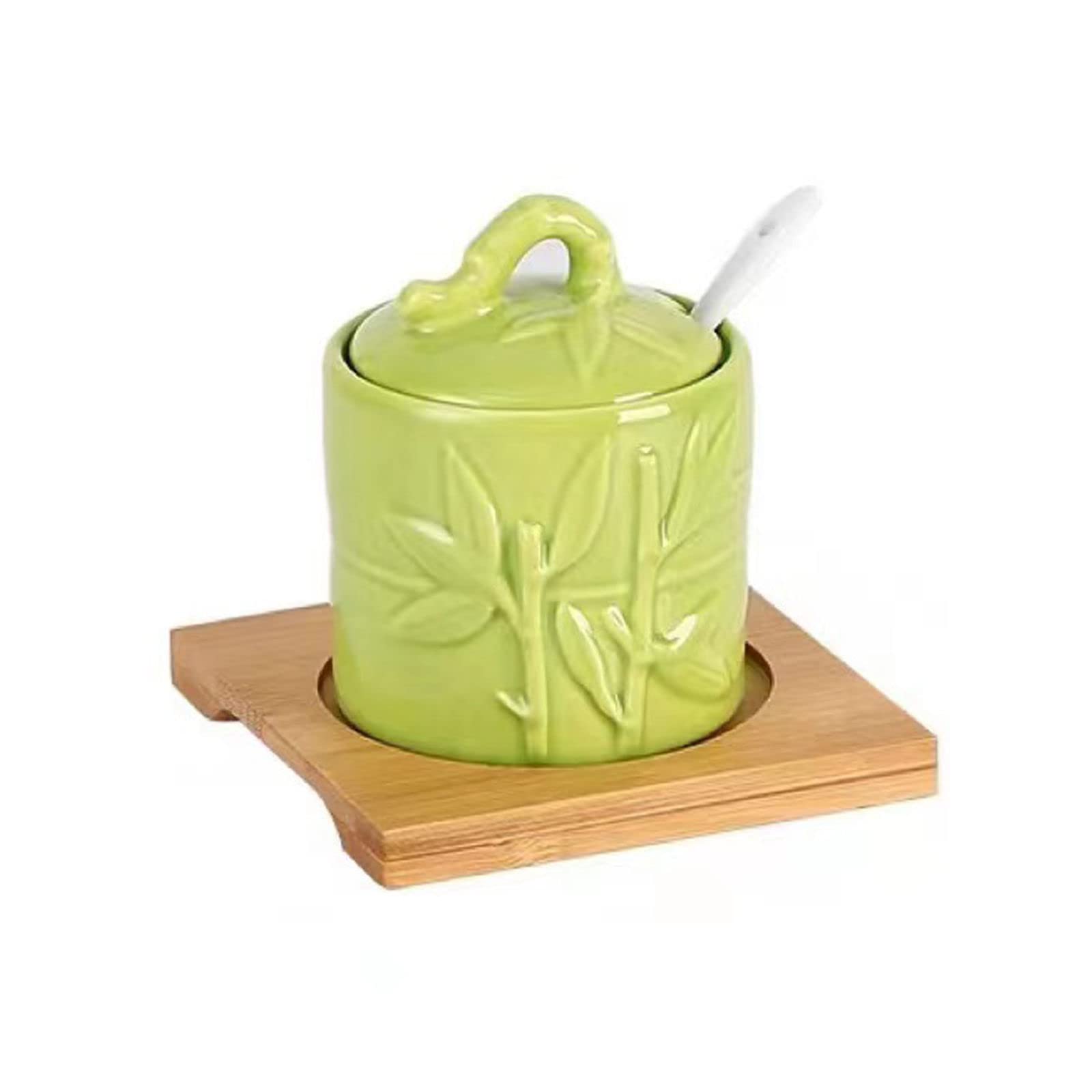 Sucrier, Boîte À Assaisonnement, Sucrier Chinois avec Couvercle, Pot De Rangement en Feuilles De Bambou en Relief, Pot À Sel en Porcelaine Verte 200 ML/7 Oz, pour C,Green-1