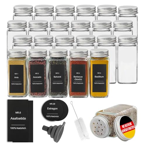 Withosent 24pcs Botes Especias Cristal, 120ml Tarros Especias Cuadrados, Frascos para Especias con Tapa de Rosca, Pequeños Spice Jars con Tamiz Etiquetas Embudo