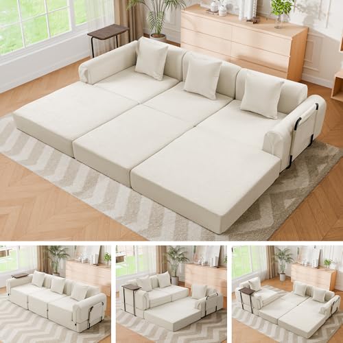 Image of 100 inch Convertible Sofa Bed, 5-in-1 Modular Sectional Cloud Couch with Fixed-Shape Frame & Storage Pocket, No Assembly Required Boneless Sleeper Sofa for Living Room, Chenille Beige