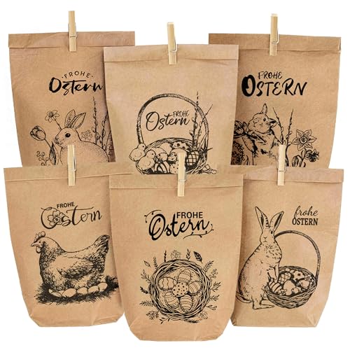 12 bolsas de papel de Pascua con pinzas de madera, bolsas de Pascua impresas para rellenar, bolsas de Pascua, bolsas de regalo de Pascua, regalos ideales para regalo o decoración de Pascua