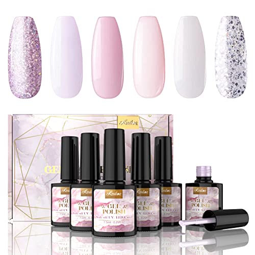 UV Gel Nagellack Kredioo Gel Nagellack Set, 6 Stück Shellac Nagellack Rosa Weiß Glitzer Nagelgel Farben, UV Gel…