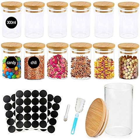 MEckily 12storage Jars, Spice Jars airtight Storage Jars Glass jar Glass Container Made of Borosilicate Glass with lid, Capacity 300ML Cover