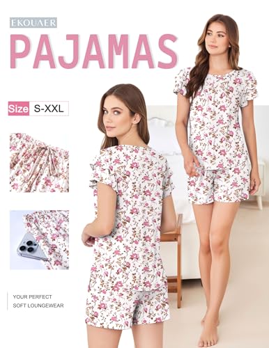Image of Ekouaer Womens Pajama Sets 2 Piece Ruffle Sleeves Top and Shorts Pjs