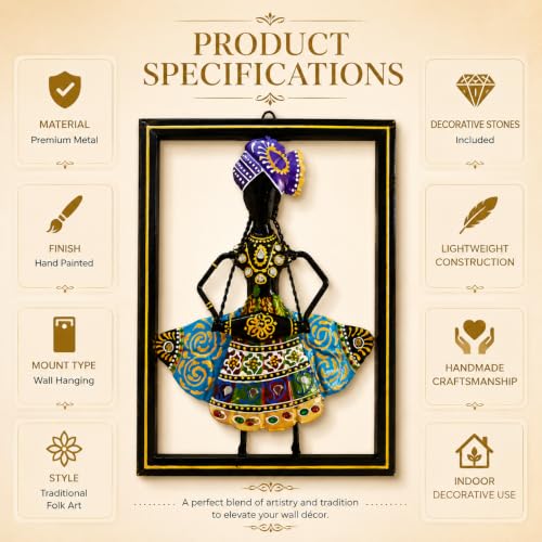 Image of iHandikart Amethyst Folk Dancer Metal Wall Art, Iron Wall Hanging with Hand-Painted Indian Folk Artwork, Decorative Wall Sculpture for Living Room, Hallway, Bedroom & Office Decor (10.5 x 8 Inch)