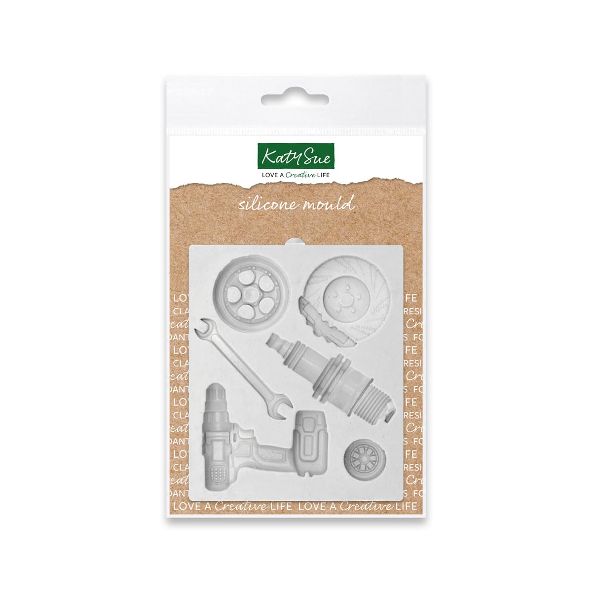 Katy Sue Mechanic Silicone Mould - Makes 6 Mechanic-Themed Shapes Including Wheels, Spark Plug & Spanner - Mould Size 100 x 85 x 15mm or 4 x 3.4 x 0.6 inches
