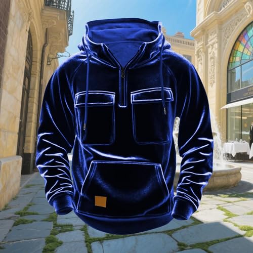 Mens Hoodies Velvet Tactical 1/4 Zip Hoodies Pullover Fall Fashion Long Sleeve Gym Workout Velour Tops With Pocket2