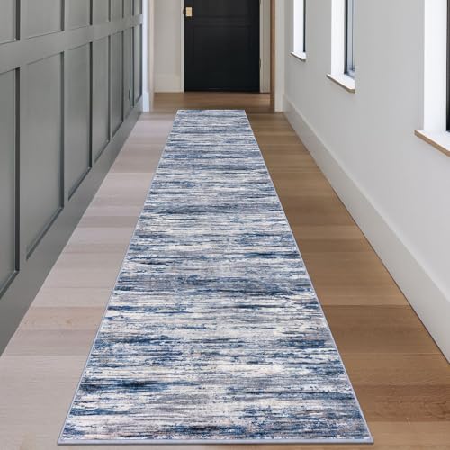 2.6x18 Navy Blue Gray Neutral Multi Modern Abstract Runner Rug for Hallways, Super Soft Hallway Decor Kitchen Rugs with Non-Slip, Non-Shedding Washable Rug for Entryway Bedroom Indoor