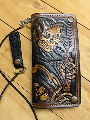 Men's 3D Genuine Leather Wallet, Long Wallet, Travel Wallet, Biker Wallet, Clutch Wallet, Hand-Carved, Hand-Painted, Leather Carving, Custom Wallet, Personalized Wallet, Skull #TOP4