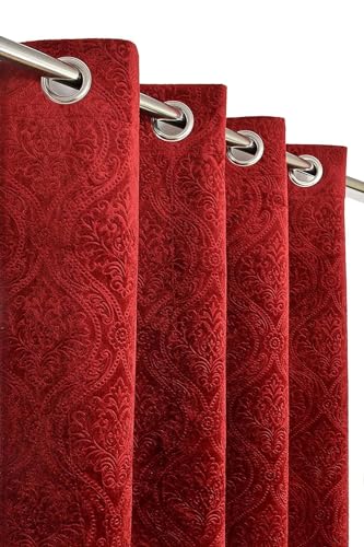 IVAZA Velvet Fabric Emboss Door Curtains 7 Feet Set of 1| Panel Thick Curtains for Home and Office Decor | Eyelet Grommet Bohemian Curtains for Living Room Kitchen Hall, (4x7 Ft, Maroon