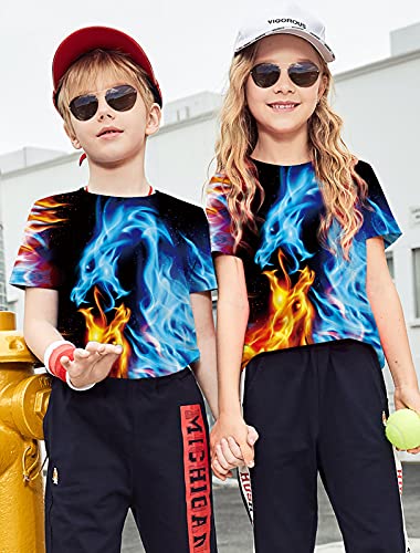Raisevern Summer Shirt For Boys Youth 3D Dragon T-Shirts Pattern Printed Short Sleeve Tops Girls Novelty Tees Summer Casual Playwear Homewear Orange Blue Clothes 13-14 Years #TOP4