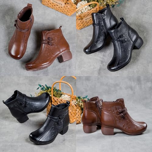 Keilinia Women's Sunflower Print Dress Leather Boots,Fall Winter Comfy Non-Slip Chunky Block Heel Soft Zip Short Ankle Booties3