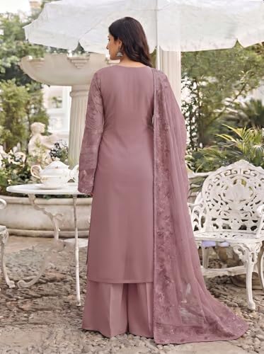 Image of RUDRAPRAYAG Women's Georgette Fabric Wih Embroidered Sequence Work And On Neck Moti Hand Work Semi Stitched Sharara Salwar Suit With Dupatta Set