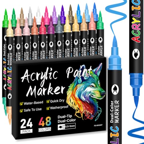 Alitastro Dual Tip Acrylic Paint Pens Water-based Acrylic Markers for Rock Painting Wood Stone Glass Ceramic Easter Egg Quick-drying Waterproof Marker Pens for Adults (24 Pack 48 Colors)