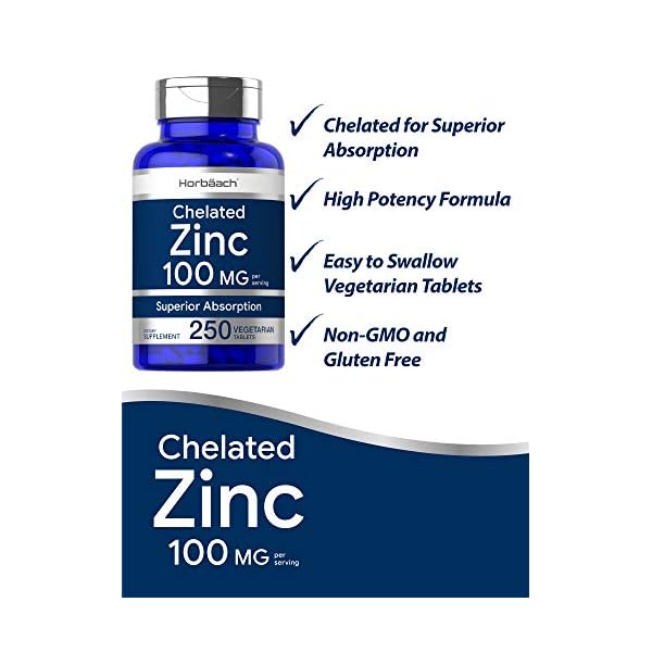 Chelated-Zinc-Supplement-100mg-250-Tablets-High-Potency-Superior-Absorption-Vegetarian-Non-GMO-Gluten-Free-by-Horbaach Chelated Zinc Supplement 100mg | 250 Tablets | High Potency & Superior Absorption | Vegetarian, Non-GMO, Gluten Free | by Horbaach