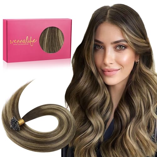 WENNALIFE Extension Cheveux Naturel Keratine, 60cm 50s 50g Balayage Brun Chocolat à Blond Caramel Extension Keratine Cheveux Naturel Humain avec Pointes...