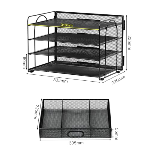 EasyPAG 4 Tier Desktop A4 Mesh Filing Tray Office Desk Tidy File Holder Paper Organiser Magazine Storage Rack with Stationery Drawer,Black