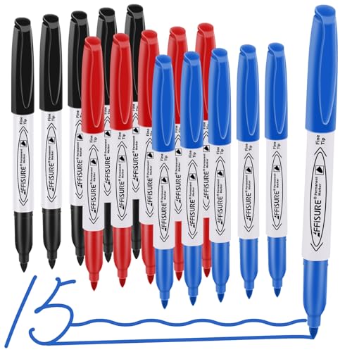 Image of Permanent Markers, Black, Blue, Red, 15 Pack, Fine Point,Assorted Colors Set, Works on Wood, Plastic, Metal, and More, for Adults, Artist, Teacher, Kids