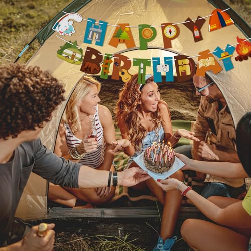 Image of Camping Happy Birthday Banner Sign Camping Birthday Party Decorations Camping Birthday Party Supplies for Outdoor Hiking Camping Decorations Summer Camp Adventure Garland Banner