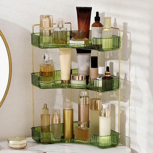 INVSSENE Corner Bathroom Countertop Organizer Vanity Trays for Bathroom Counter Makeup Organizer Perfume Tray Kitchen Spice Rack Fits 90 Corner(Green 3 Tiers)