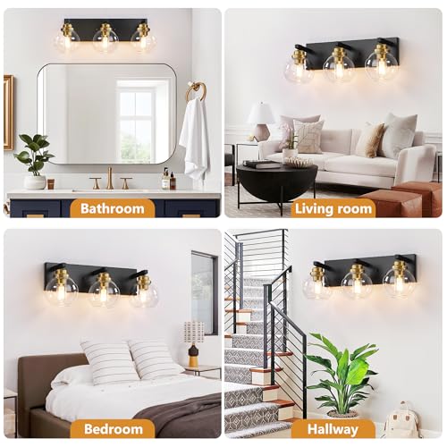 Image of LmnLvn Bathroom Light Fixtures, Farmhouse Black & Gold Metal with Globe | 3-Light Rustic Vanity Lights,Easy To Install, Mounted Over Mirror for Bathroom, Bedroom & Hallway