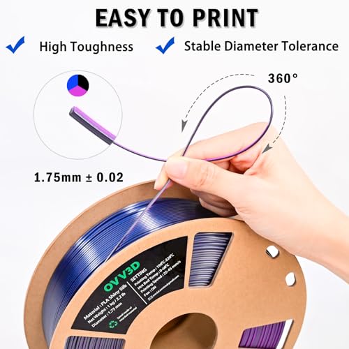 Image of OVV3D PLA Filament 1.75mm Tri-Colors, 3D Printer Filament Silk PLA Filament, Rainbow PLA Filament with Silk PLA Black Blue and Purple, 3D Printing Filament + /-0.02mm, 1kg /2.2lbs