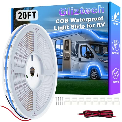 Gliztech RV Awning Lights 20FT, Camper Awning Lights for RV Canopy Exterior, IP67 12V Blue COB Waterproof Underglow Led Light kit for Motorhome, Travel Party, Trailers, Food Trucks (20FT-Blue)