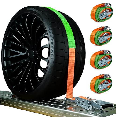 INTAKO 4X Spanngurt Autotransport mit Grippschlauch 2 9 m 3 t - Spanngurte 3000 kg - Radspanngurte - Gurte für PKW Anhänger Reifengurte