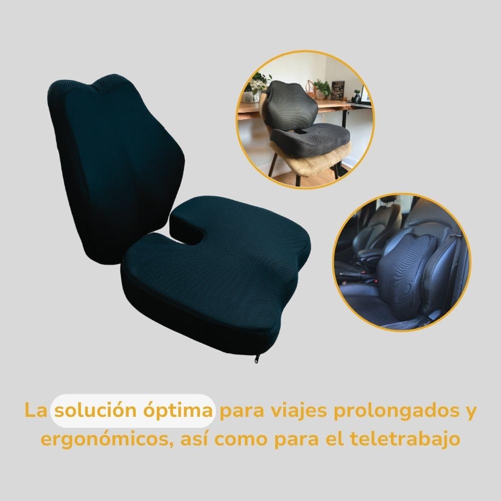 Inphysio - Juego de 2: Cojines de Asiento y Respaldo Ergonómicos - Cojines para Sillas - Cojines Lumbares - para Escritorio, Oficina en Casa, Oficina - Soportepara Lomo - 45x41x10,5 cm / 45x35x7 cm