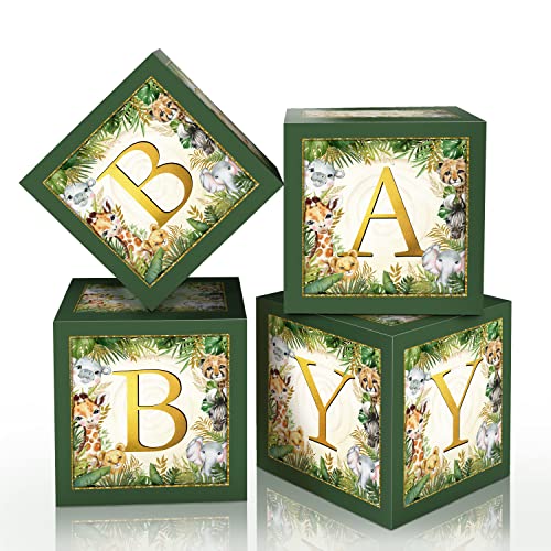 Jungle Safari Baby Boxes With Letters for Baby Shower Decorations - Animal Theme Decor Balloon Blocks for Safari Baby Shower, Gender Reveal, Birthday Party Supplies (Boy/Girl)