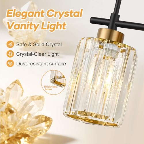 Image of Modern Crystal Bathroom Vanity Light, 4-Light Black and Gold Bathroom Light Fixtures, Clear K9 Crystal Shades, Adjustable Up /Down Mount, E26 Base Wall Sconce (Bulbs Not Included)