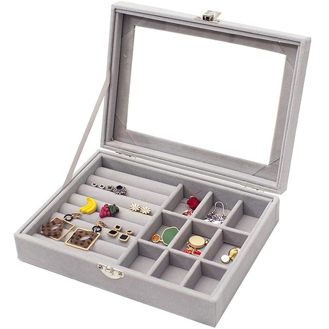 Image of Velvet Jewellry Drawer Organizer Stackable Tray (Grey, Ring+Grid Box)