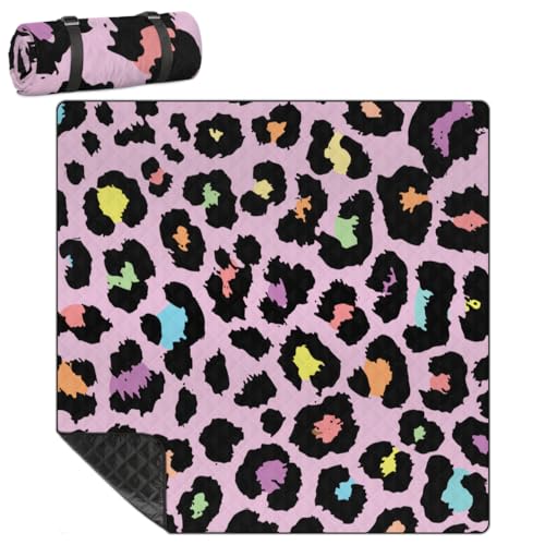 Shimoshe Extra Large Picnic Blankets 79”x 79”, Pink Leopard Print Waterproof Foldable Picnic Mat with Straps Portable Beach Blanket for Camping Park Grass Beach Indoor
