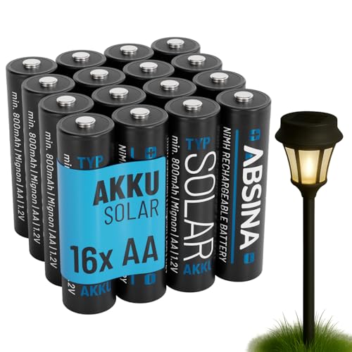 ABSINA 16x Solar Akku AA wiederaufladbar 800mAh 1.2V NiMH - Mignon AA Solar Batterien für Solarleuchten - Solarakkus AA mit geriner Selbstentladung - Akku Solar Batterie, Akkus für Solarlampen ABSINA 16x Solar Akku AA wiederaufladbar 800mAh 1.2V NiMH - Mignon AA Solar Batterien für Solarleuchten - Solarakkus AA mit geriner Selbstentladung - Akku Solar Batterie, Akkus für Solarlampen