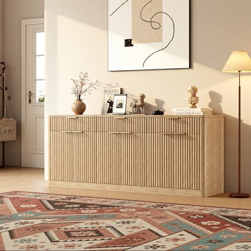 Image of Evermagin 67 inch Fluted Oak Sideboard Buffet Cabinet with 3 Drawers, Modern Credenza with Storage, Console Coffee Bar Cabinet for Kitchen, Living Room and Entryway (67 inch W x 31.5 inch H x 15.7 inch D)