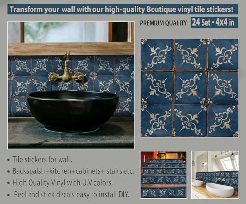 Image of 40 PC Pack (6X6) Thin Art Artistic Bohemian Peel and Stick Wall Sticky Backsplash Vinyl Waterproof Removable Tile Sticker Decals for Bathroom & Kitchen, (E, 6X6)