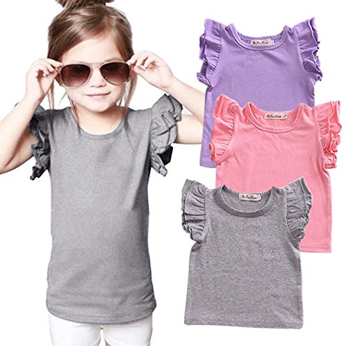 EGELEXY Toddler Baby Girl Basic Plain Ruffle Tee Little Girls Sleeve Short Cotton T Shirts Tops Tee Casual Clothes Size 2-3 Years/Tag100 (Gray)