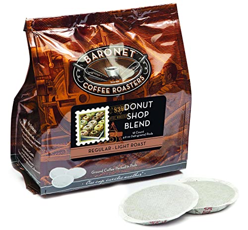 Baronet Coffee Pods [Donut Shop-54 Pods] Single Cup Use Like Senseo Coffee Pods- 3 Bags of 18 Single Serve 8 Gram Pods, Regular Strength Soft Coffee Pods, Medium Roast [Donut Shop]