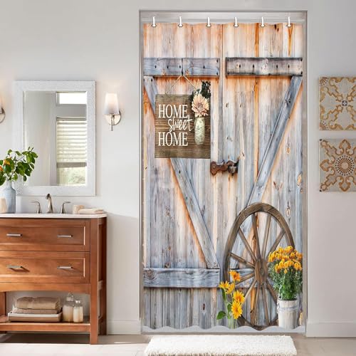 Rustic Barn Door Shower Curtain for Bathroom, Western Farmhouse Yellow Daisy Floral Small Size RV Bath Curtain Sets for Campers,Fabric Countryside Wooden Cabin Decor Curtains with Hooks 36X70IN